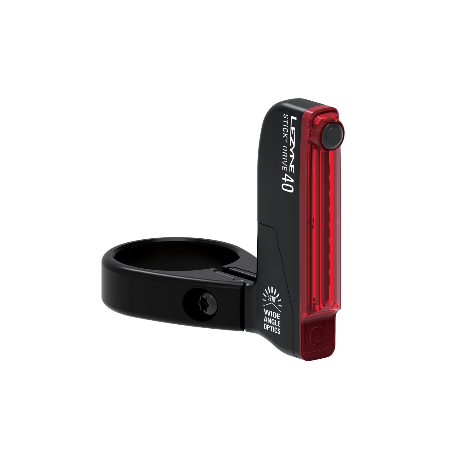 Lezyne STICK+ DRIVE SC REAR ultra-slim LED bike taillight with seat clamp mount, featuring a low-profile design, 270° visibility, and USB rechargeability.