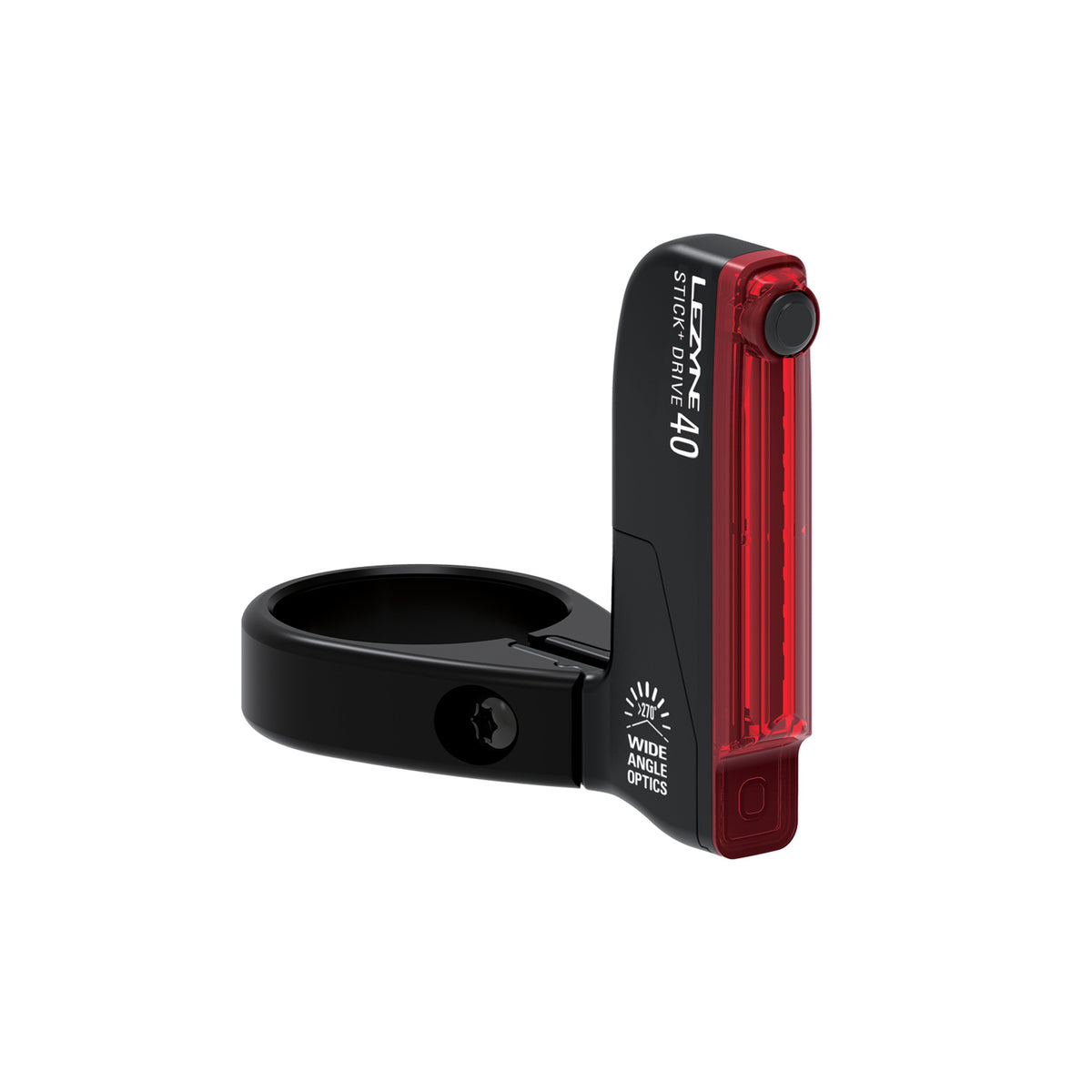 Lezyne STICK+ DRIVE SC REAR ultra-slim LED bike taillight with seat clamp mount, featuring a low-profile design, 270Â° visibility, and USB rechargeability.