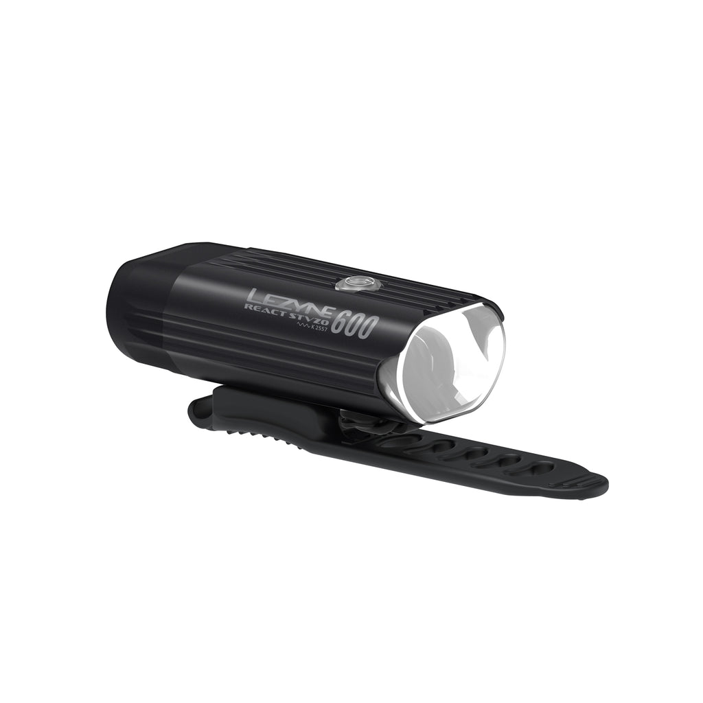 Angled studio shot showing compact design of the Lezyne React StVZO Front with radar-based vehicle alert integration.