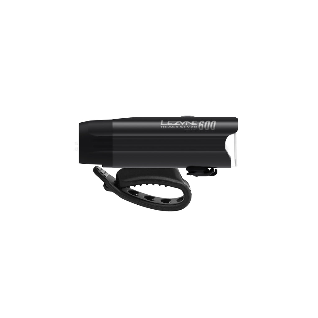 Lezyne React StVZO Front side view — front light with vehicle alerts as part of the Radar React STVZO System.