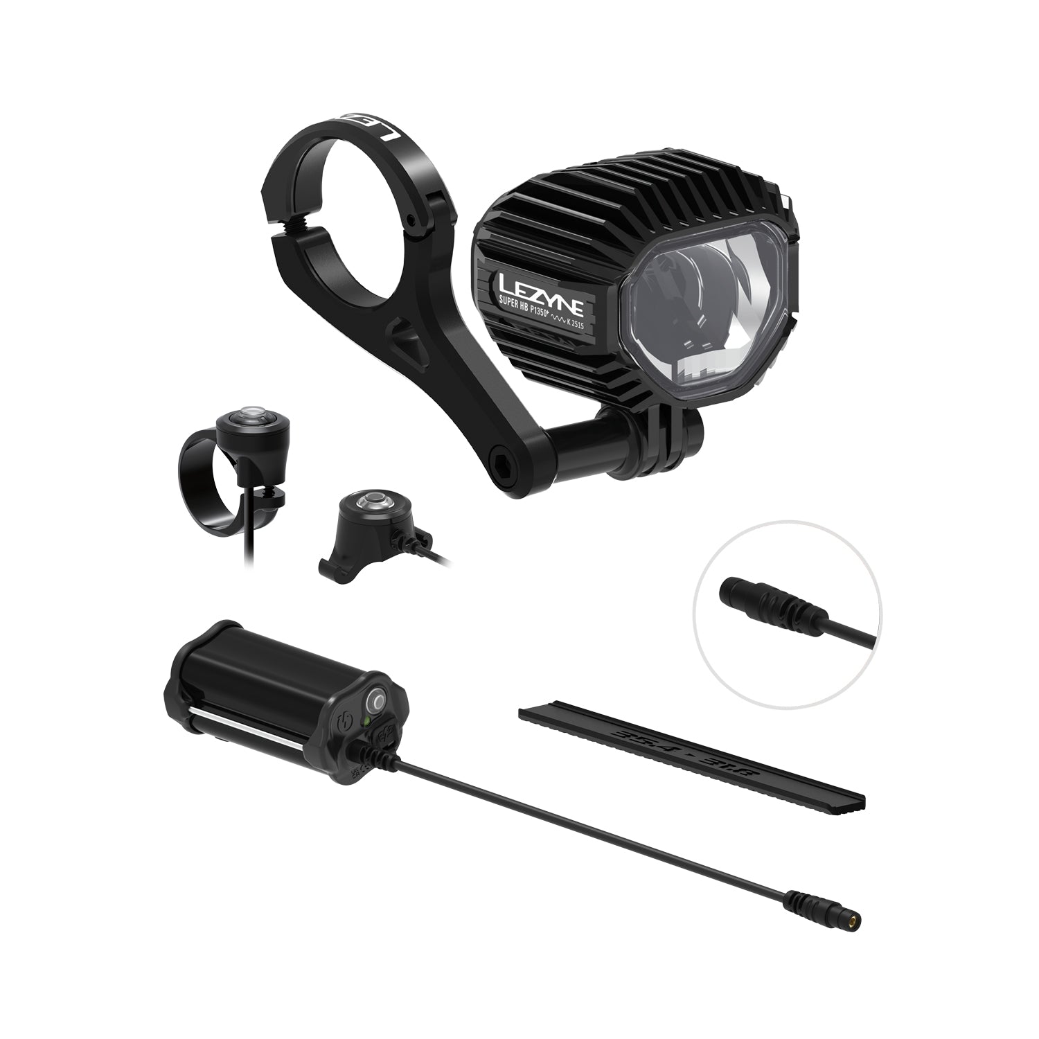 Lezyne SUPER HB StVZO P1350+ front bike light with Loaded Kit, featuring Remote switch for easy mode control. Power Pack XL (DC Jack) for extended runtime. Mega Mount L for secure mounting.