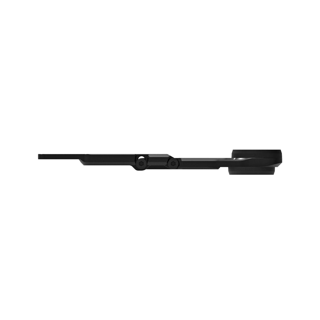 Side profile rendering of Flexi Aero Mount showing angle adjustment with Garmin top and Garmin bottom adapters on white background.