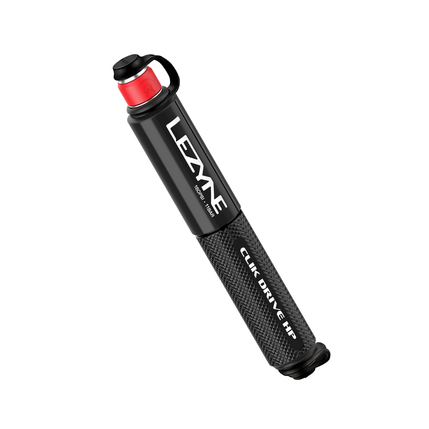 Lezyne CLIK DRIVE HP – compact high-pressure bike hand pump for road and triathlon riders using Clik Valve Cores.