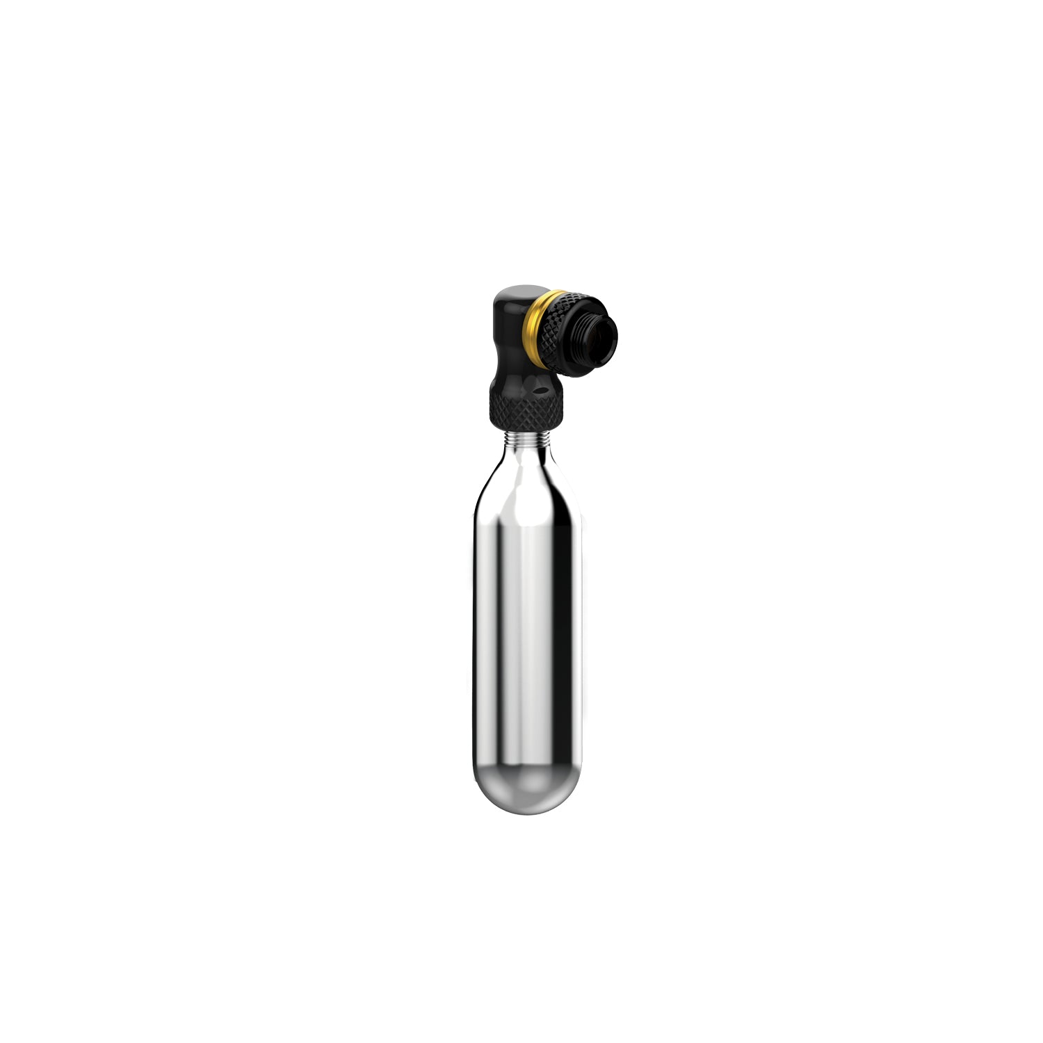 CO2 chuck of the Pocket Drive CO2 being threaded onto a CO2 cartridge, highlighting secure connection for fast, controlled inflation. Presta valve and Schrader valve compatible.