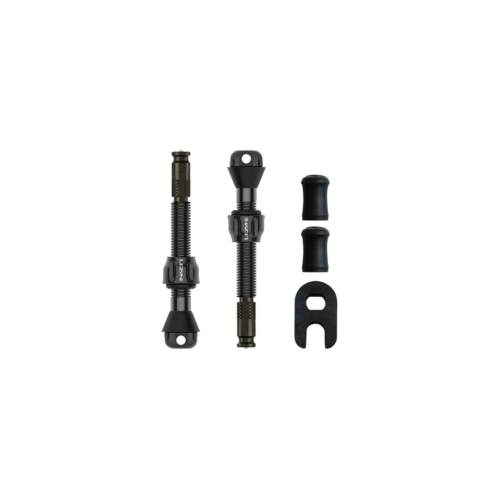 Lezyne CLIK TLR Valve Pro 44mm with caps and valve core tool – engineered for smooth tubeless setup and precise tire inflation.