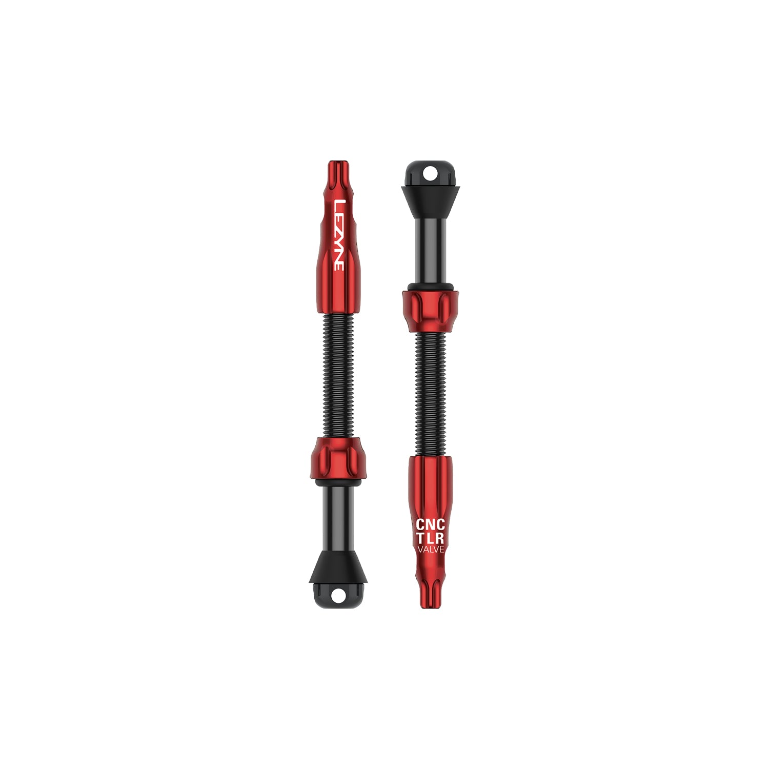 Red CNC TLR VALVE PRO 60mm tubeless Presta valve with leak-free O-ring locknut, high-flow slots, and Presta pump compatibility for tubeless tires.