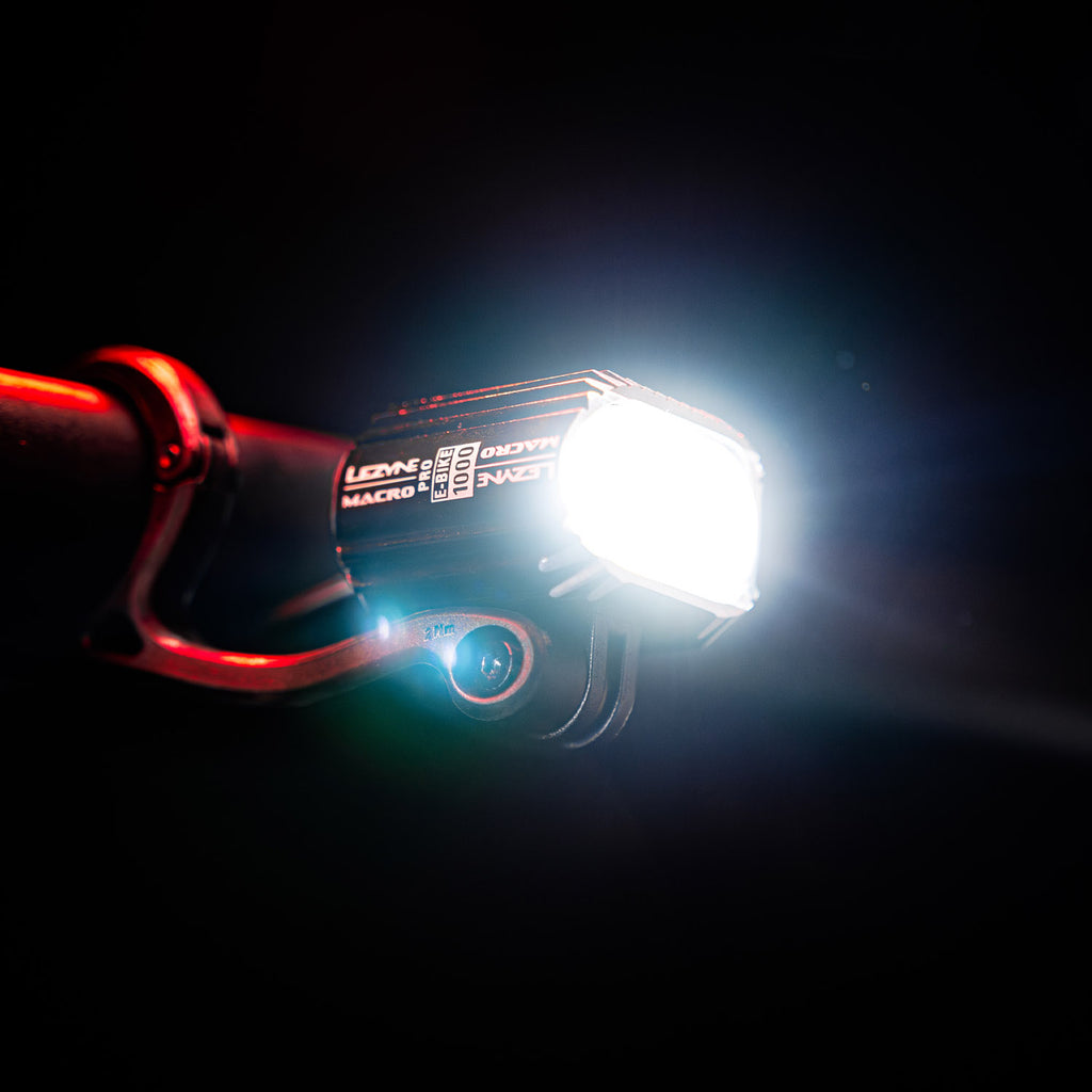 Lezyne E-Bike Macro Drive 1000 with MOR lens technology, delivering bright, focused illumination and built-in side visibility for traffic safety.