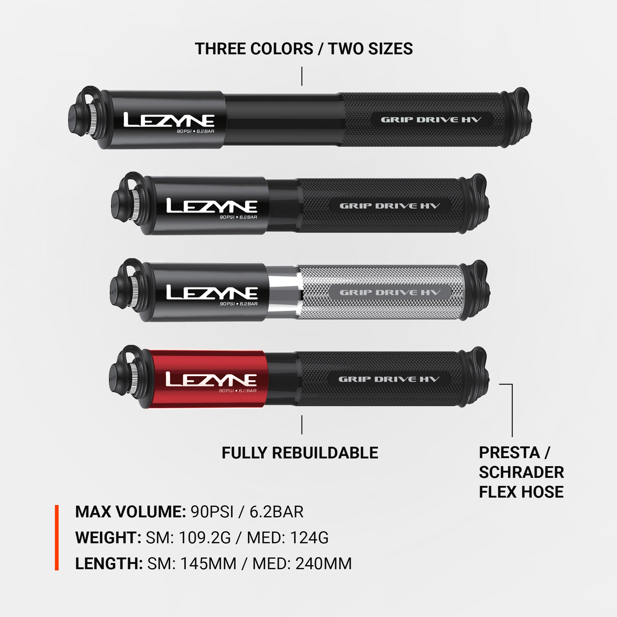 Lezyne Grip Drive HV ergonomic high volume hand pump available in two sizes and three colors.