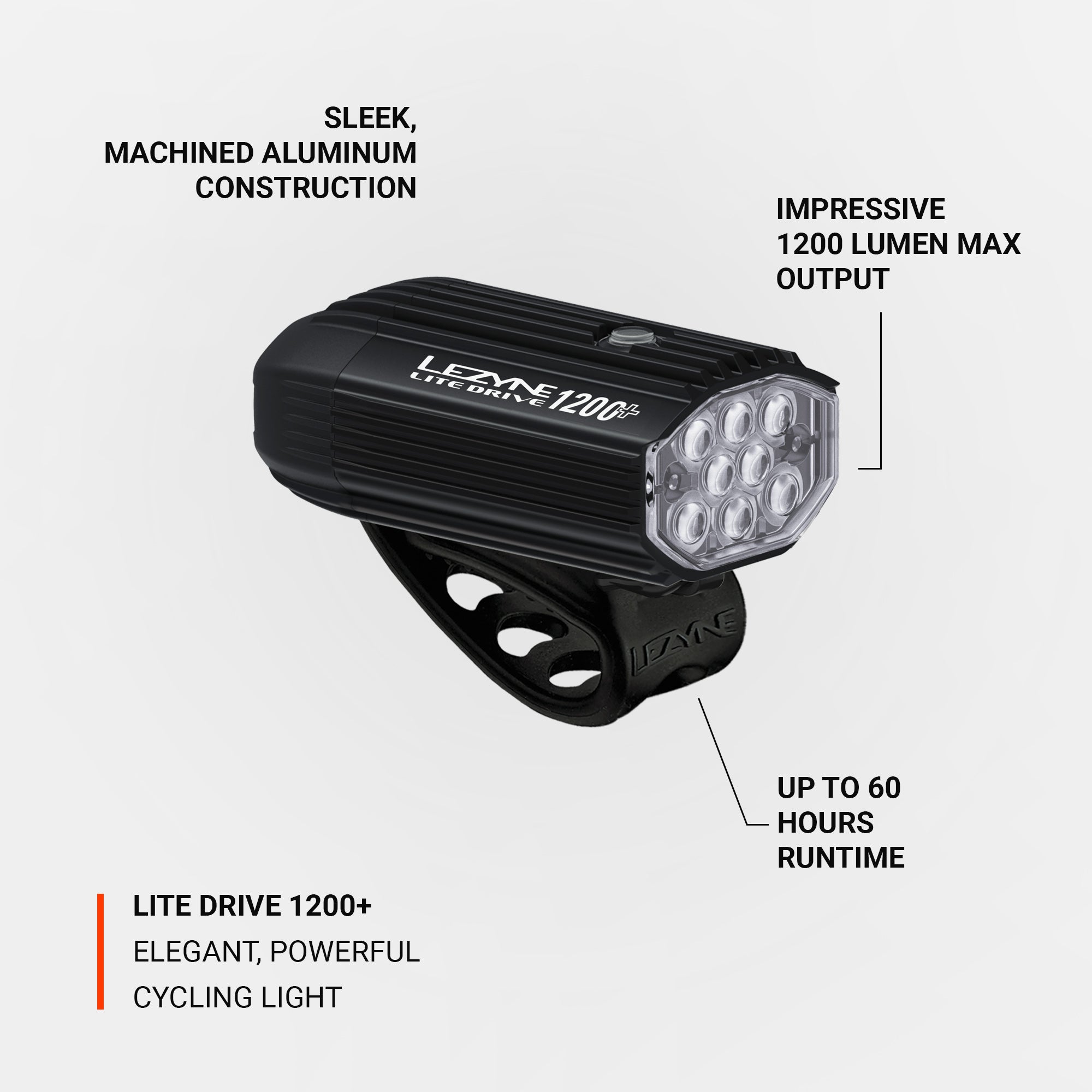 Lezyne Lite Drive 1200+, elegant front bike light cycling.