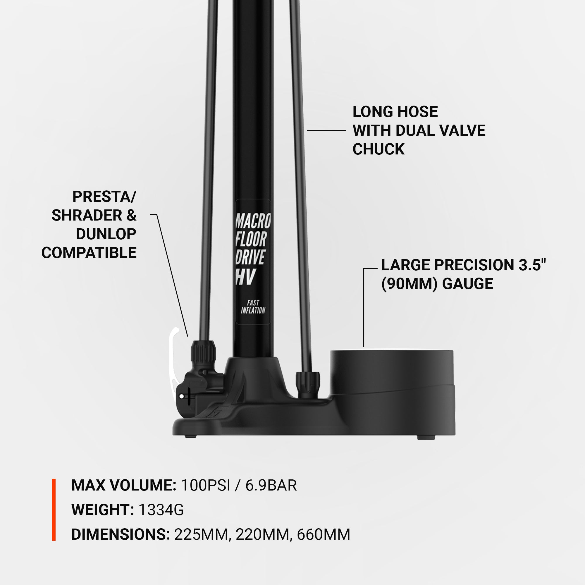 Lezyne Macro Floor Drive DV floor pump is presta, shrader and dunlop compatible.