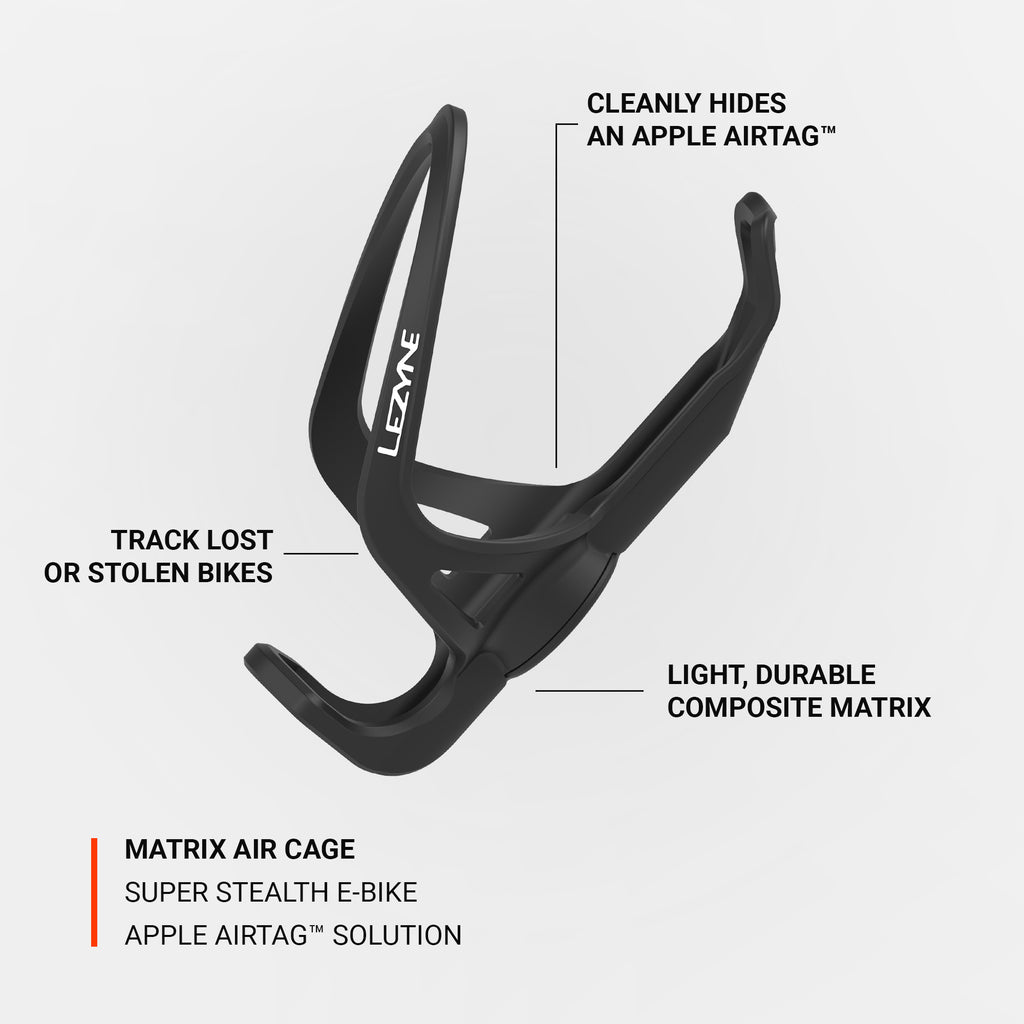 Lezyne Matrix Air Cage conceals an Apple Air Tag within the bottle cage, allowing you to track lost or stolen bikes.