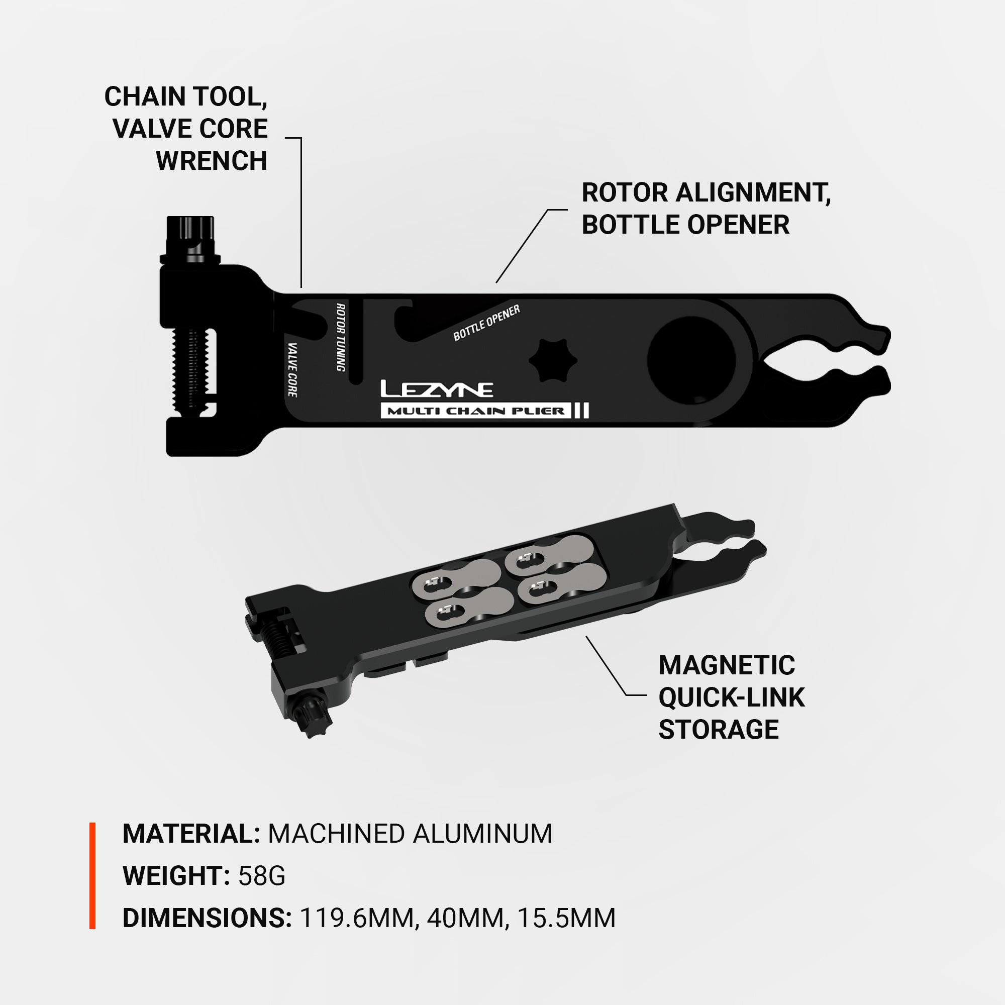 Lezyne Multi Chain Pliers with rotor alignment and valve core tool.