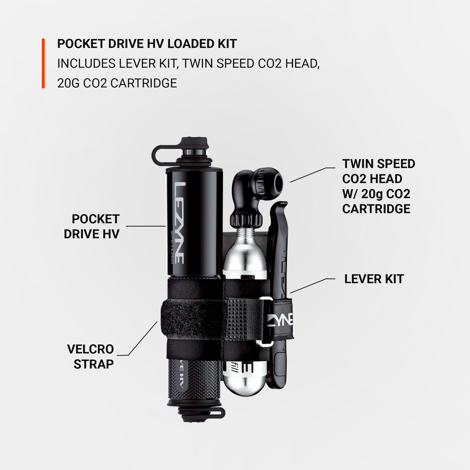 Lezyne's Compact high volume hand pump loaded kit, with Twin Speed Drive CO2 head, 20g CO2 cartridge and Lever kit.