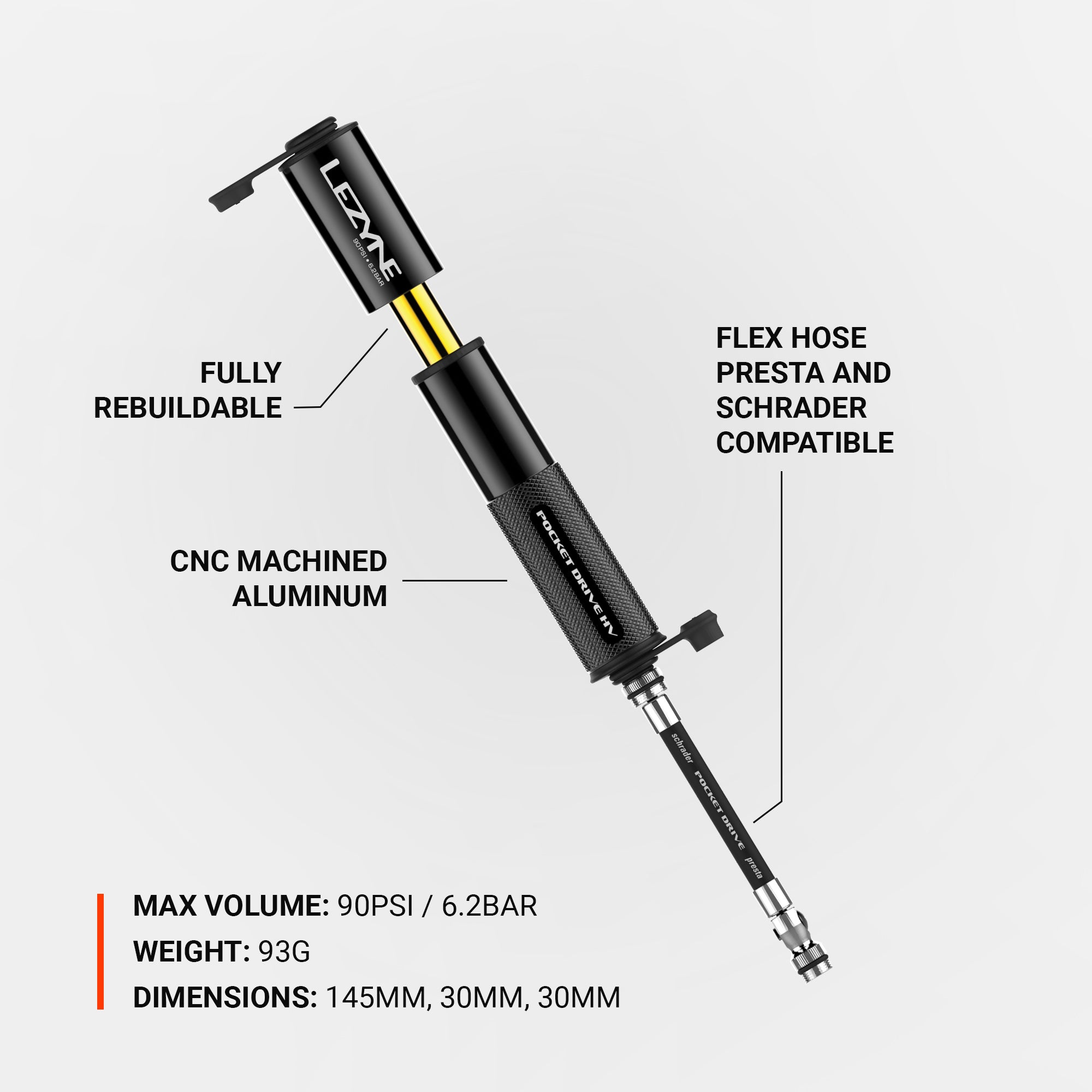 Lezyne's Compact high volume hand pump diagram, highly efficient for its size