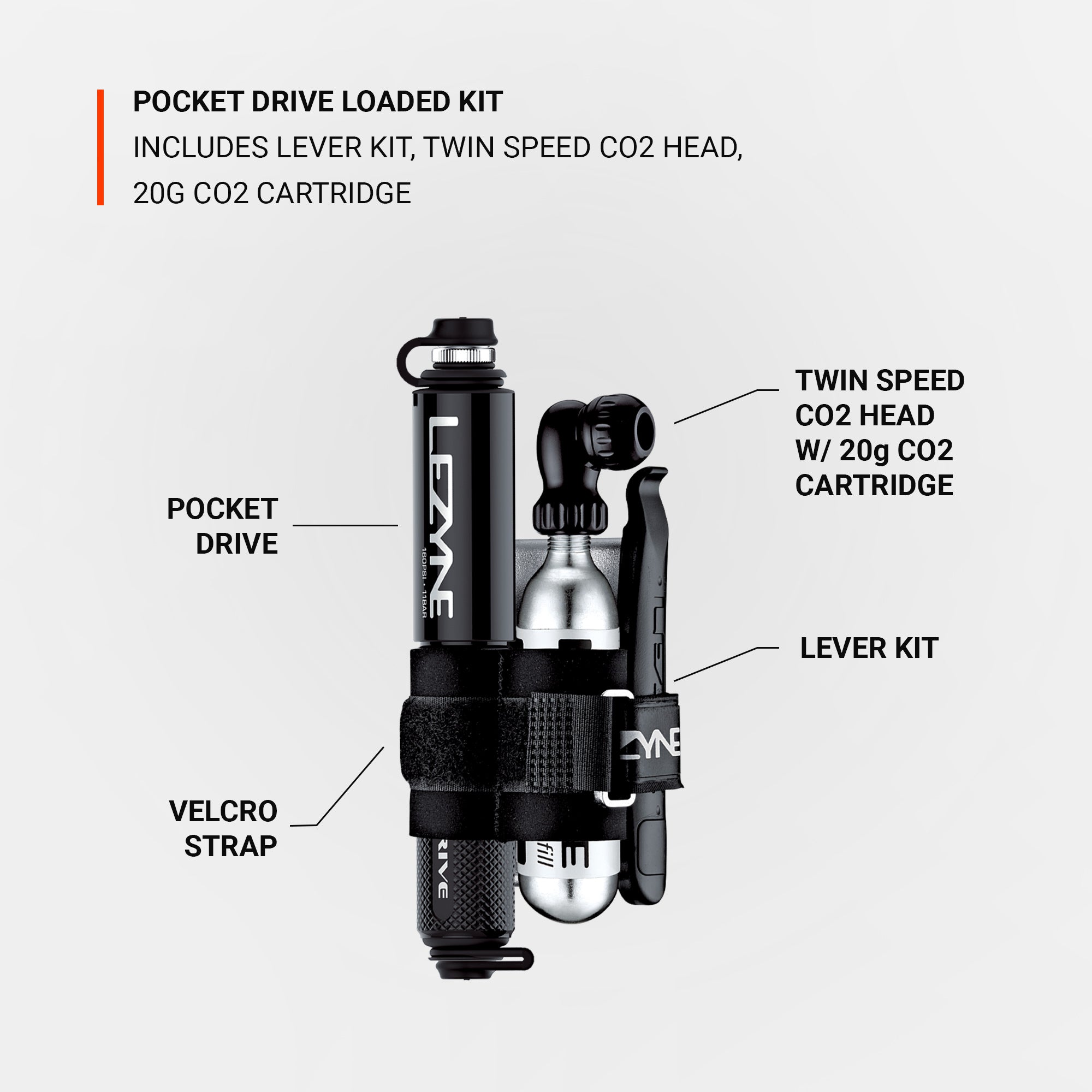 Lezyne high pressure hand pump, loaded kit. Includes lever kit, twin speed drive, with 20g CO2 cartridge.