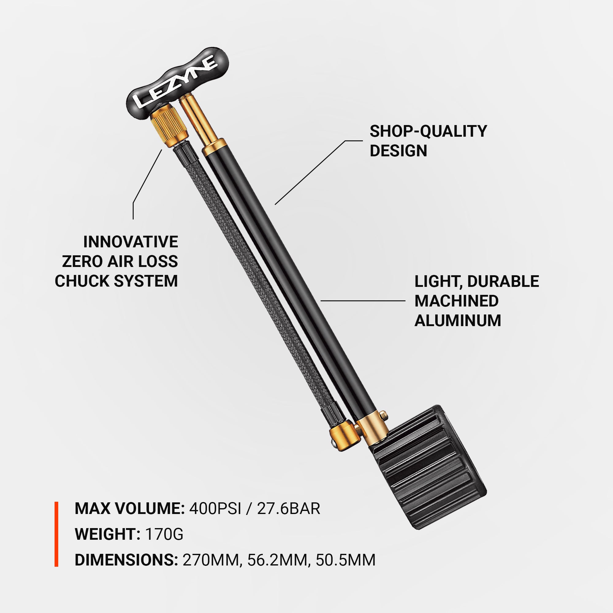 Lezyne Shock pump made of durable machined aluminum. Innovative Zero Air Loss chuck system.