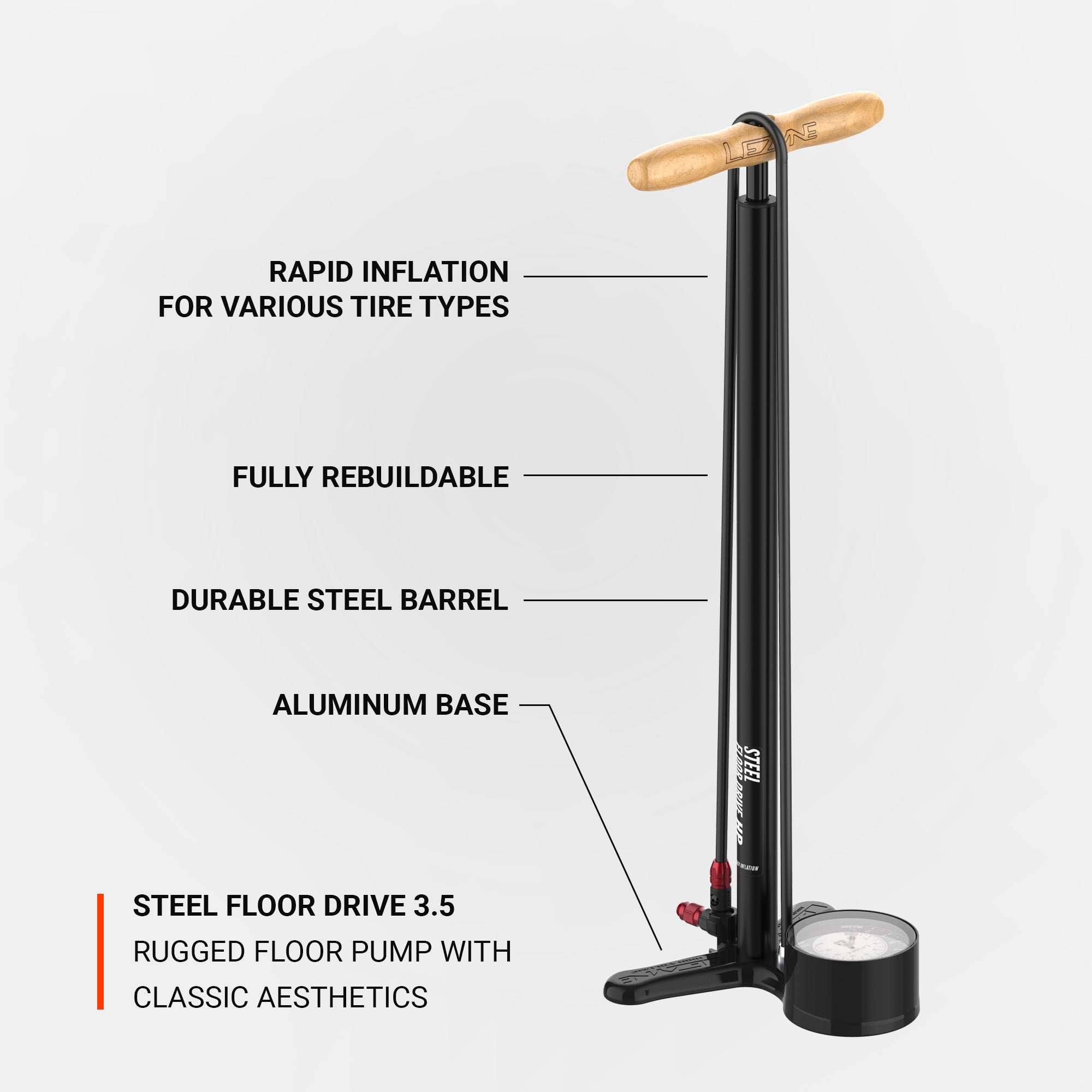 Lezyne Steel Floor Drive, high pressure floor pump  is fully rebuildable.