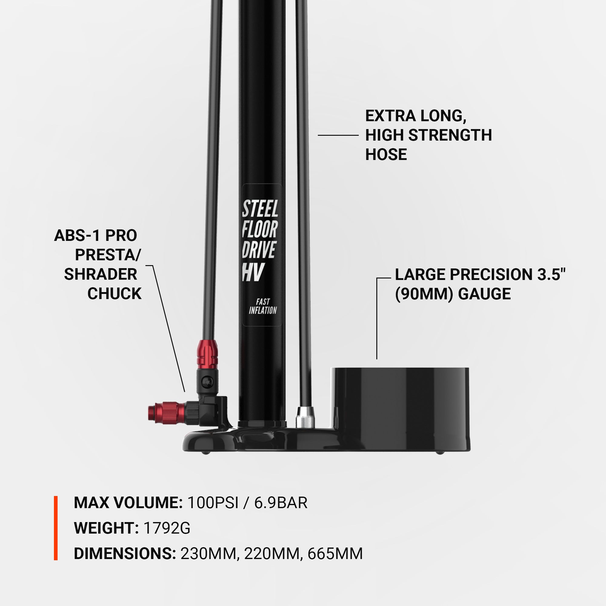 Lezyne Steel HV Floor Drive high volume floor pump with ABS-1 Pro chuck.