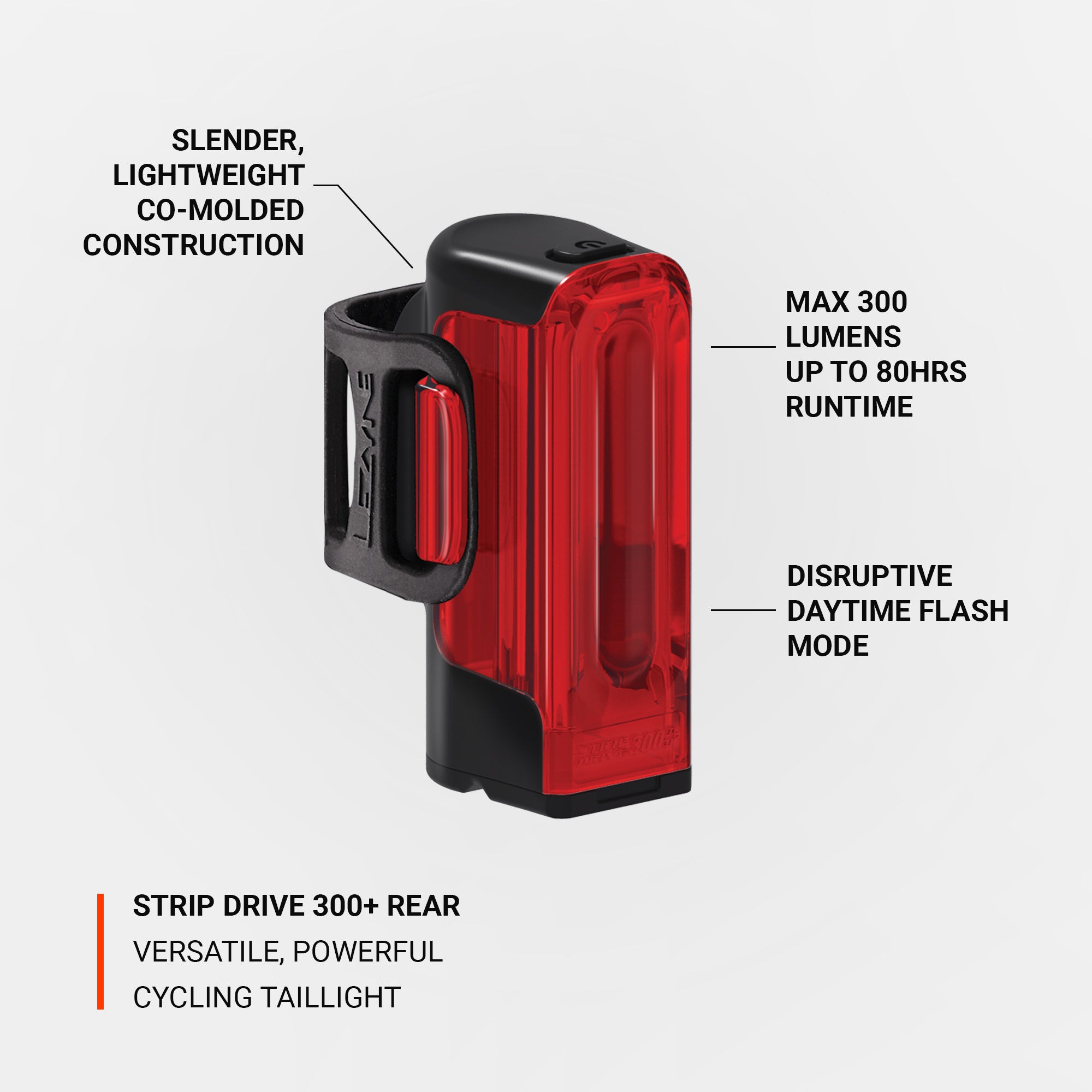 Lezyne Strip Drive 300+ rear bike light with bright 300 lumen output.