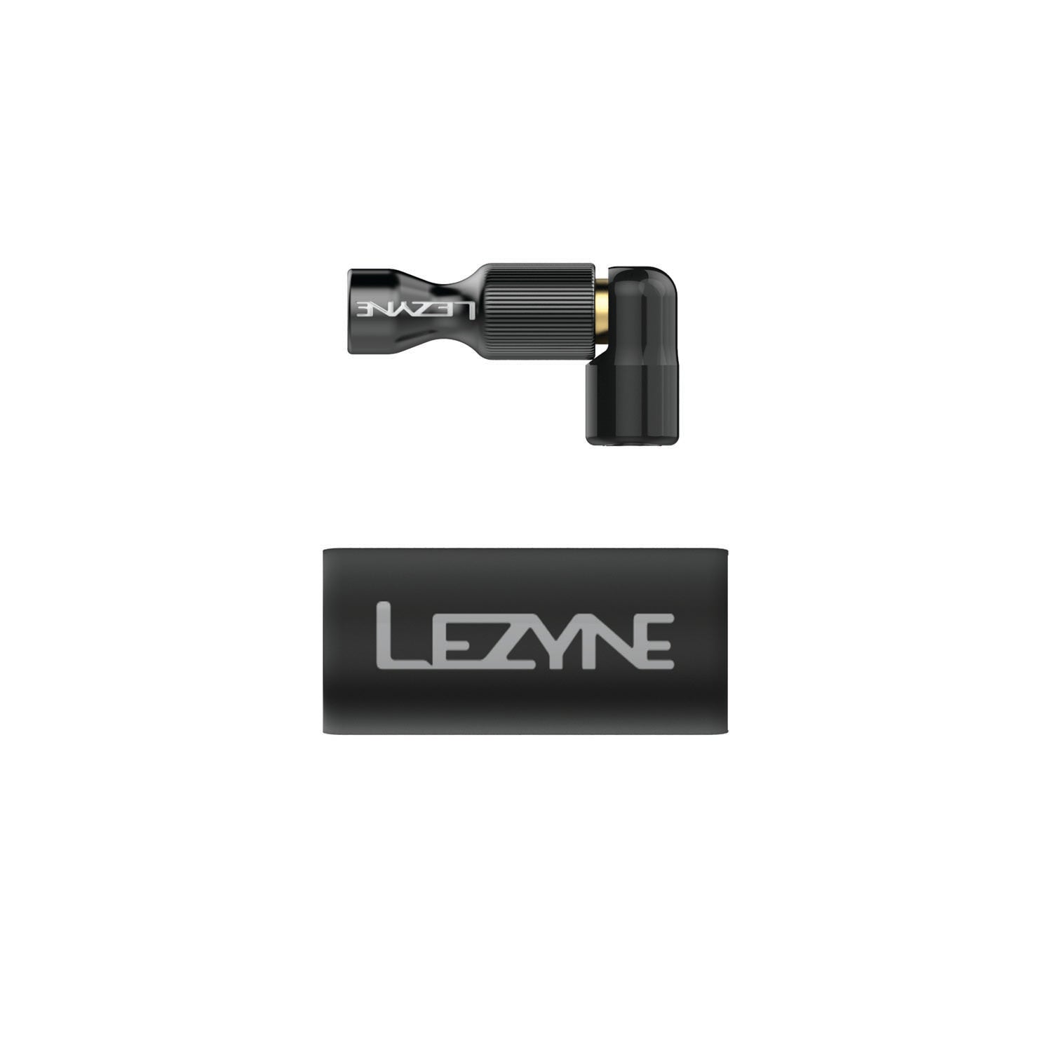 Trigger Drive CO2 inflator head in black, compact CNC-machined aluminum design for Presta and Schrader valve compatibility.