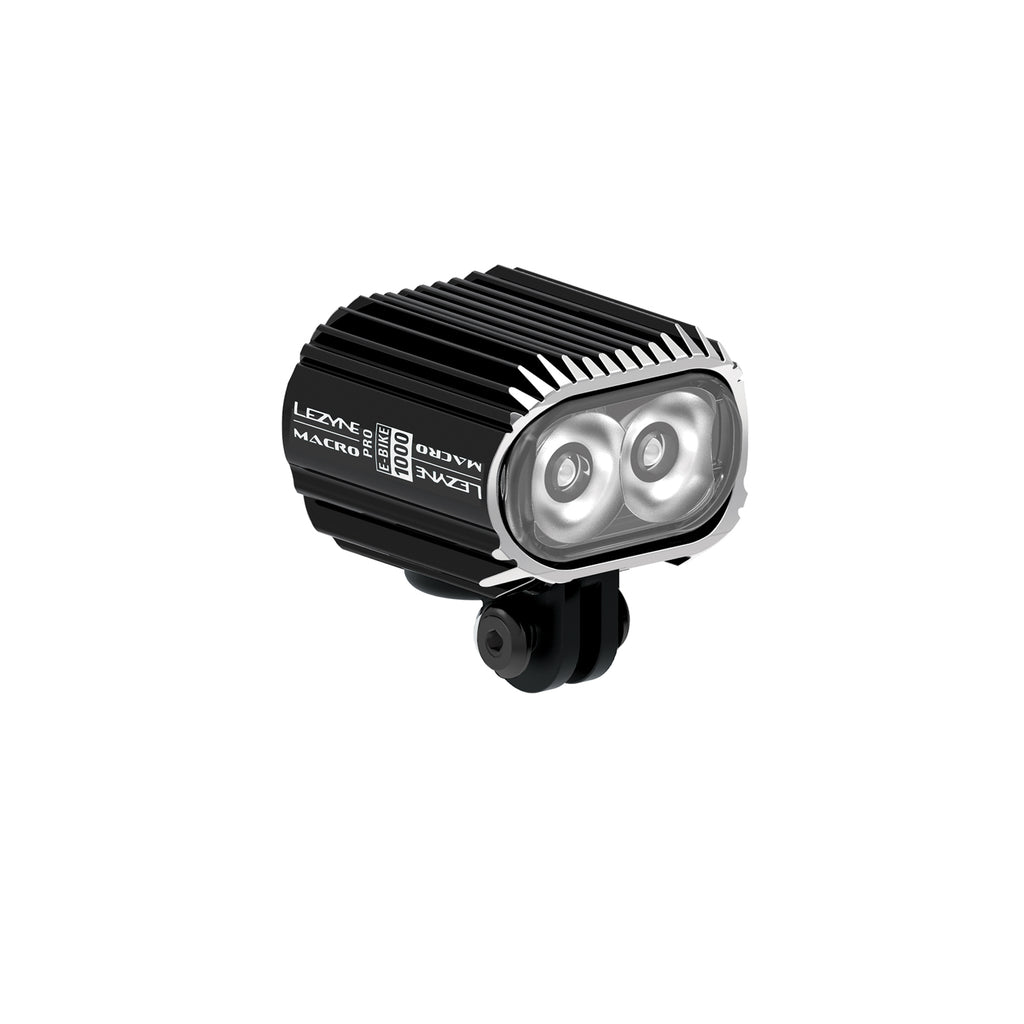 Durable Lezyne E-Bike Macro Drive 1000 LED light with 1,000 lumens and auto day/night dim mode for versatile e-bike rides.