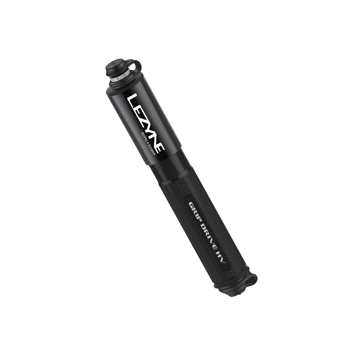 Lezyne Grip Drive HV ergonomic mini bike pump with knurled aluminum barrel, Presta/Schrader compatibility, and lightweight design.