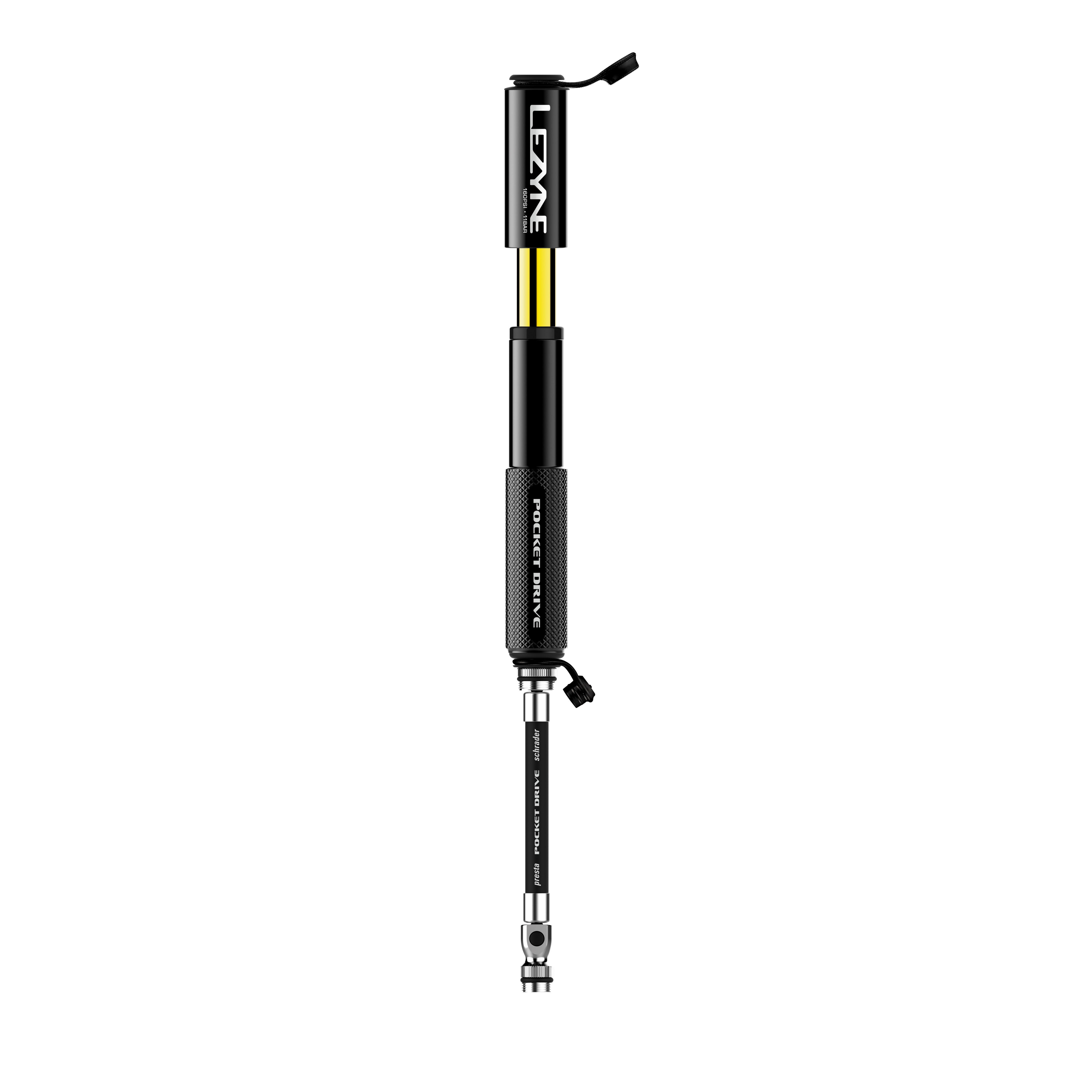 Fully rebuildable Lezyne Pocket Drive bike pump with Presta and Schrader compatibility, lightweight and efficient for bicycle tires.