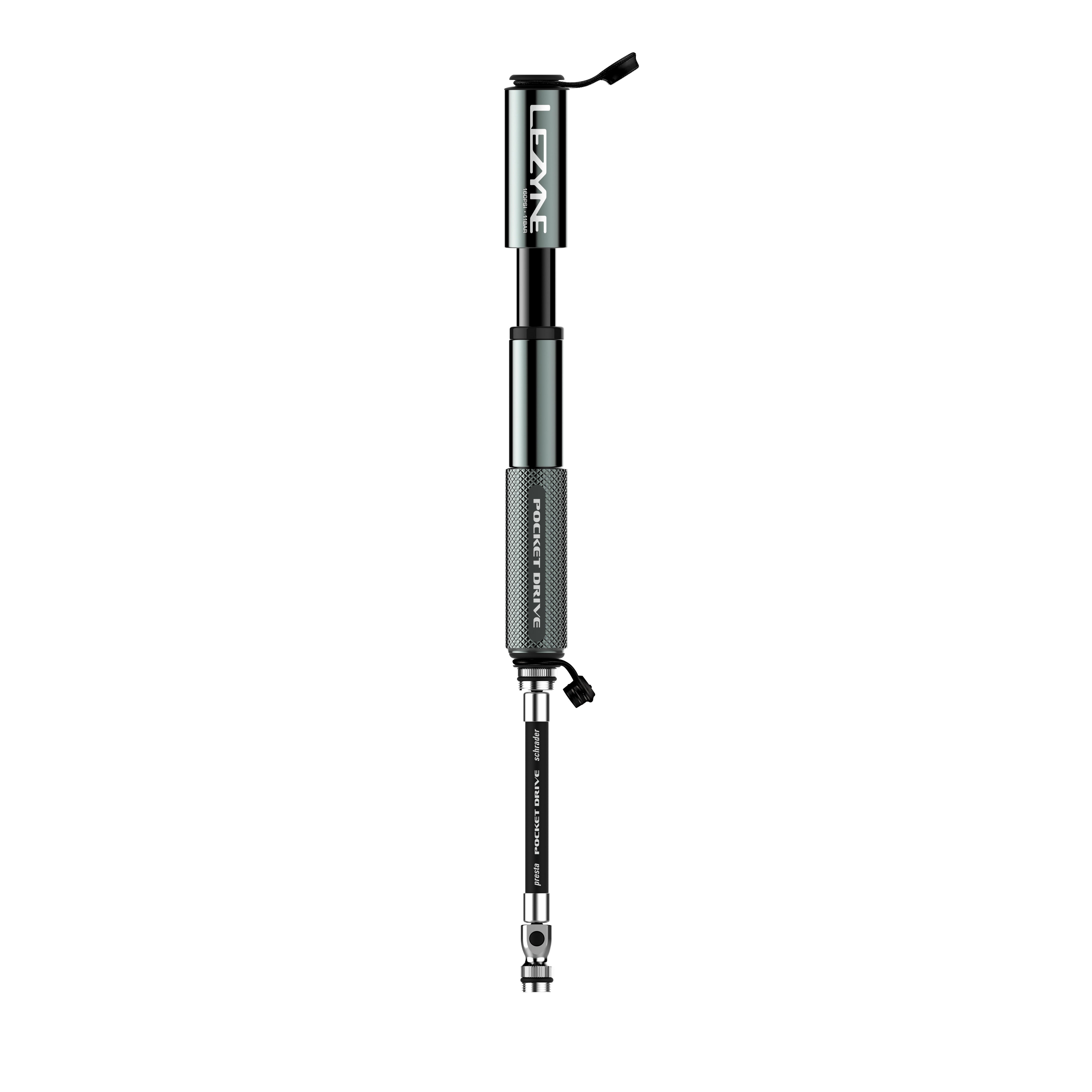 Compact Lezyne Pocket Drive bike pump, designed for Presta and Schrader valves, featuring a fully rebuildable, durable design.