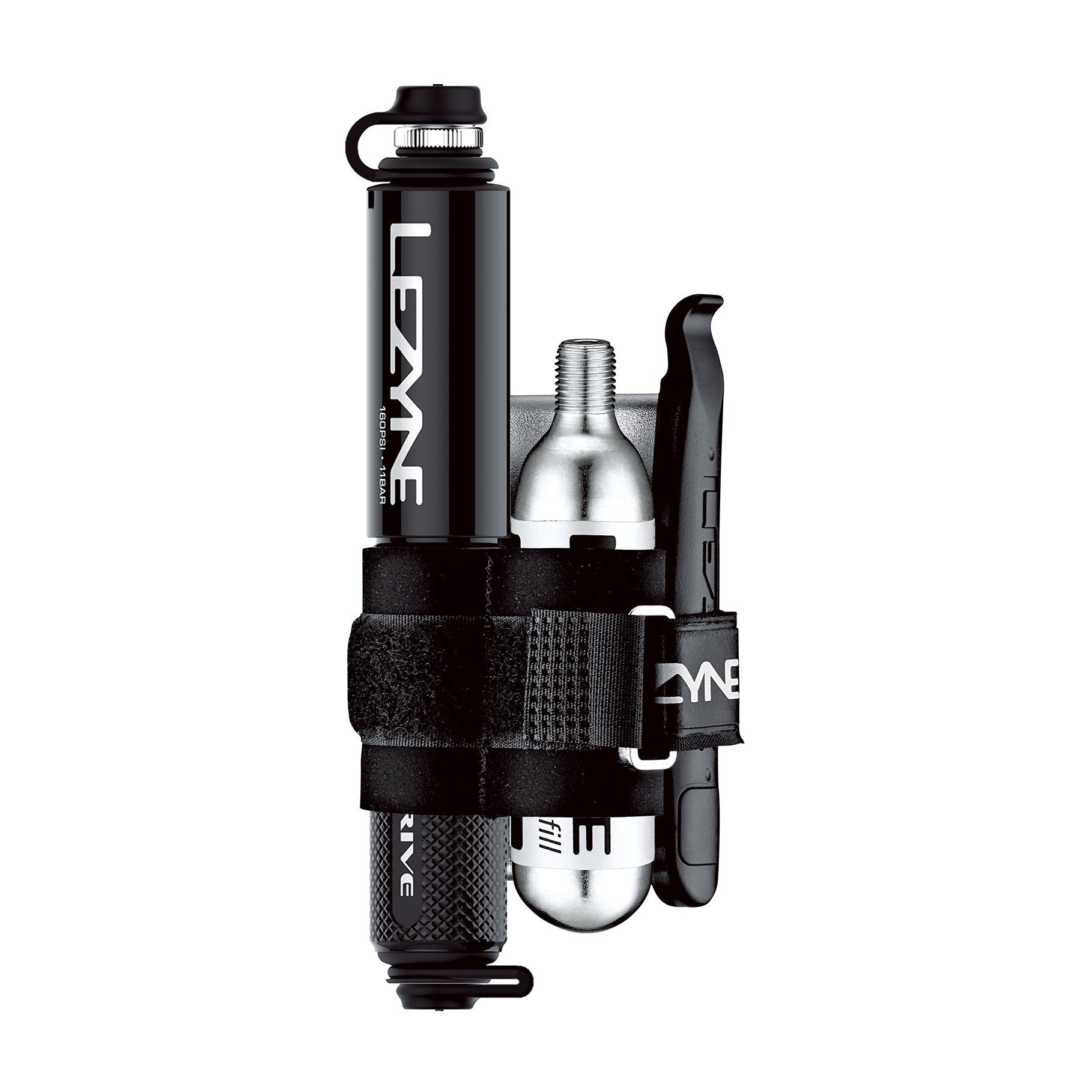 Loaded Kit with Lezyne Pocket Drive hand pump, lever kit, and CO2 inflator, offering compact and reliable repair tools for cyclists.