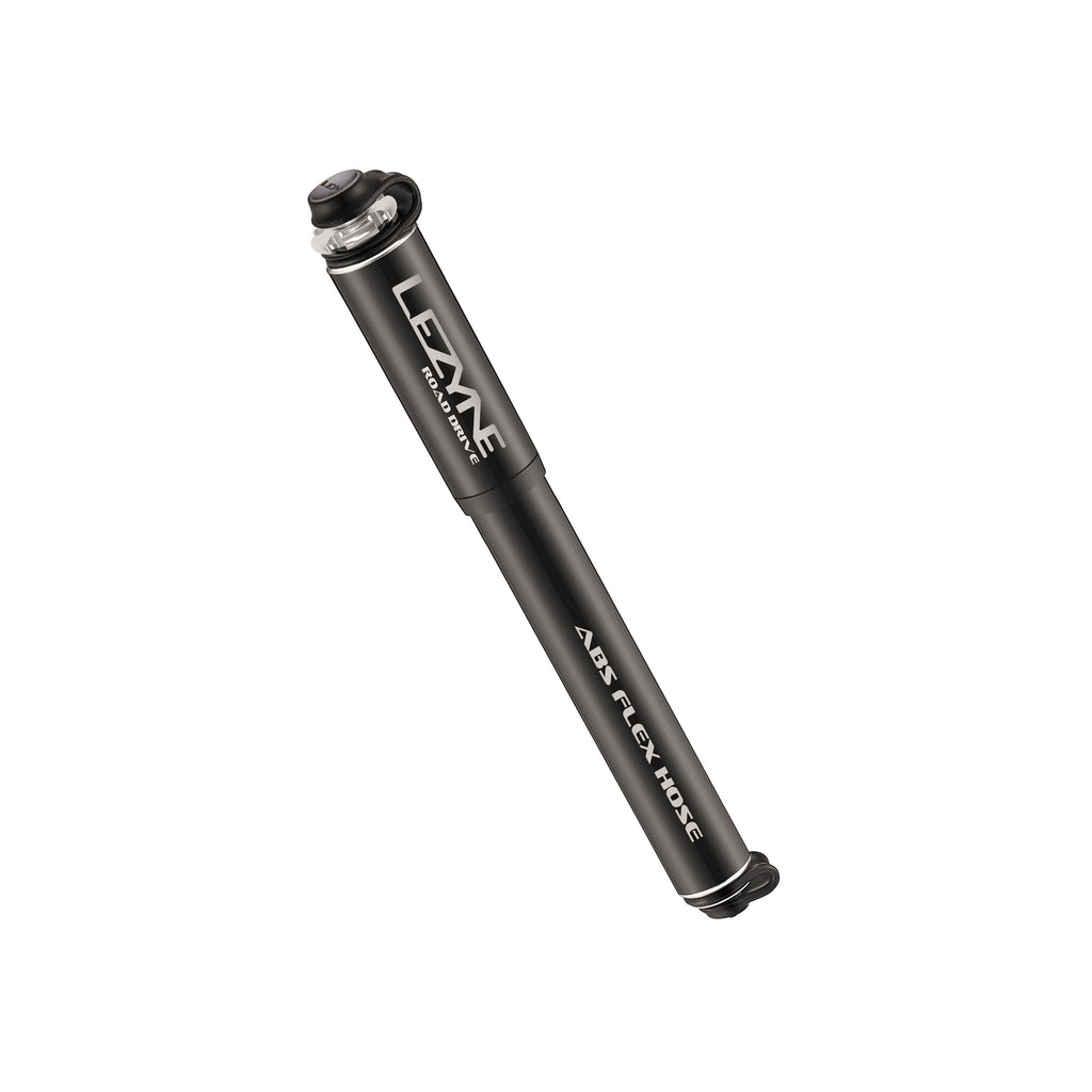 Lightweight and compact Road Drive bike hand pump shown with aluminum frame mount and Flex Hose attachment.