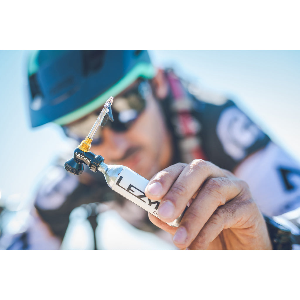 2-in-1 CO2 inflator and tubeless tire plug tool for quick inflation and sealing of punctures during road and trail rides.