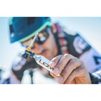 2-in-1 CO2 inflator and tubeless tire plug tool for quick inflation and sealing of punctures during road and trail rides.