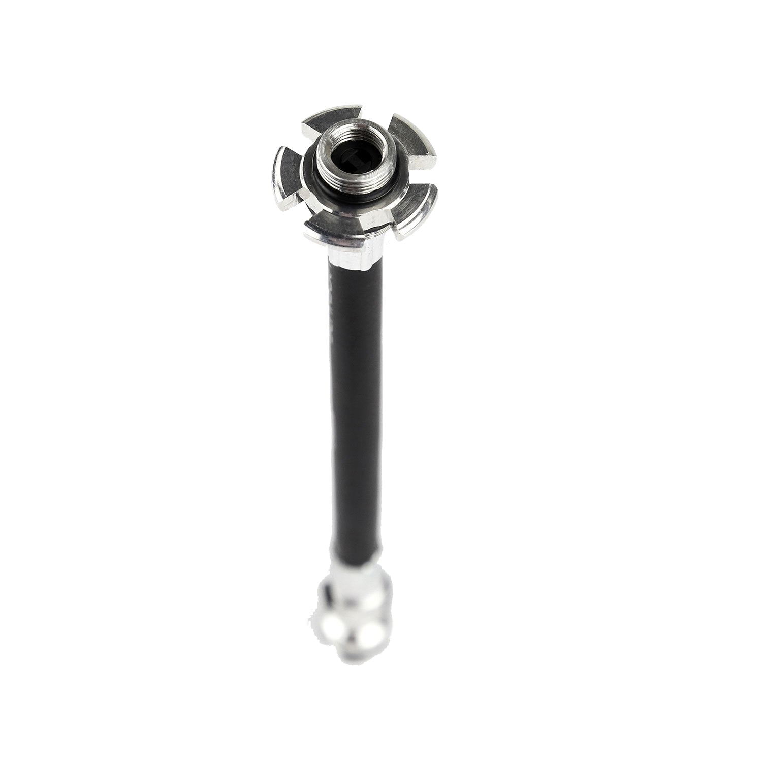 Close-up of the Road Drive hand pumpâ€™s Presta-only ABS Flex Hose with threaded and slip-fit ends.