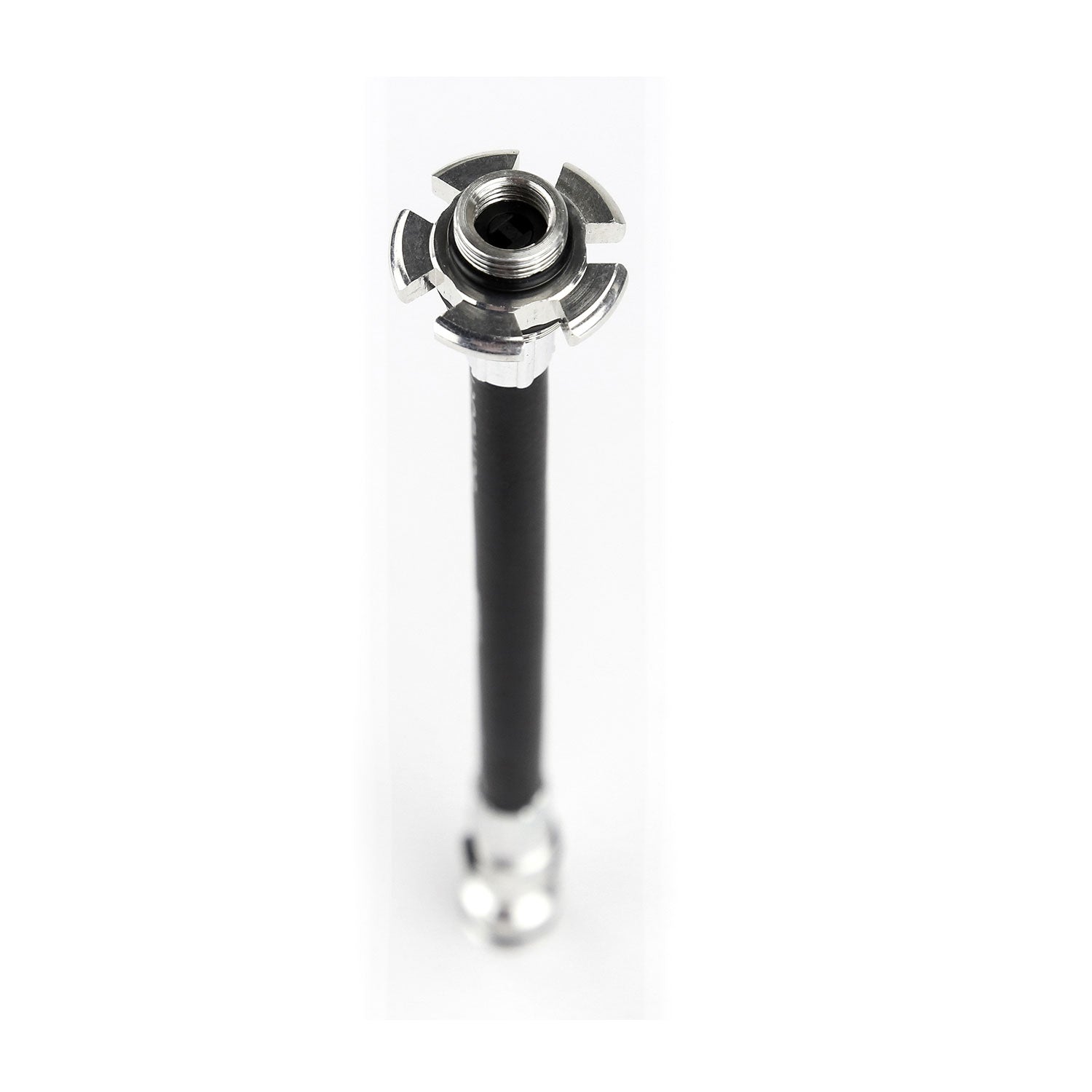 Close-up of the ABS Flex Hose with valve core tool on the Pressure Drive bike hand pump, compatible with Presta and Schrader valves.